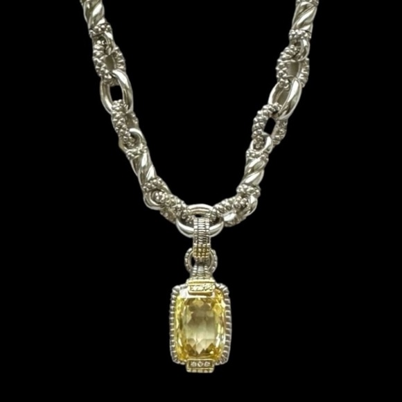 Judith Ripka JR Two Sterling Silver 18K Gold Canary Quartz Diamond Pendant - Picture 1 of 12